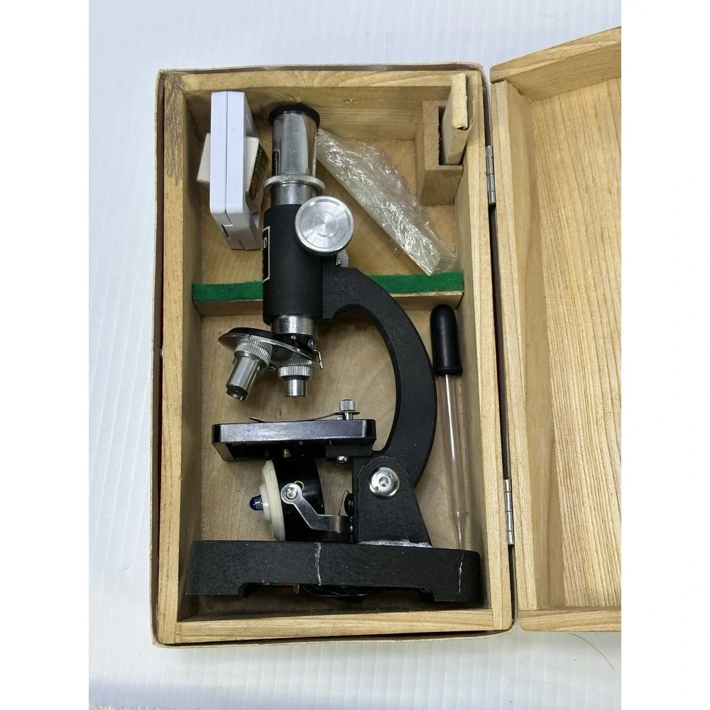 Vtg Tasco Deluxe 600x Microscope Wood Case 2 Boxes Slides Manual Original Box